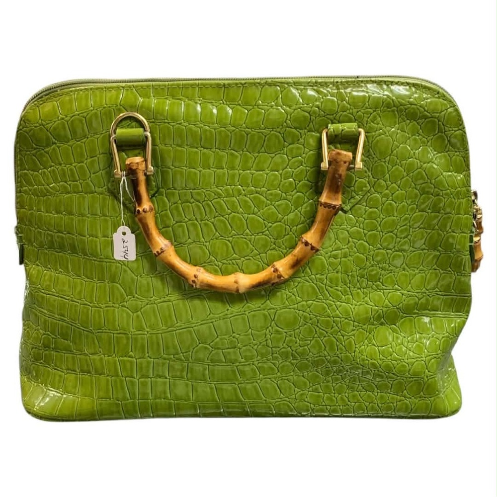 Green Crocodile-Embossed Laptop Bag with Bamboo Handles